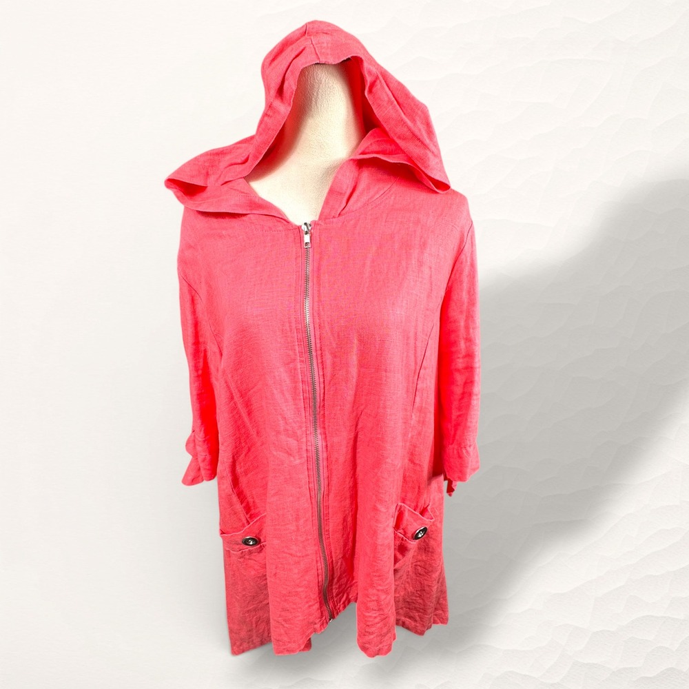For Cynthia Hooded Jacket Womens XL Pink /Coral Lagenlook 100% Linen Zip Up